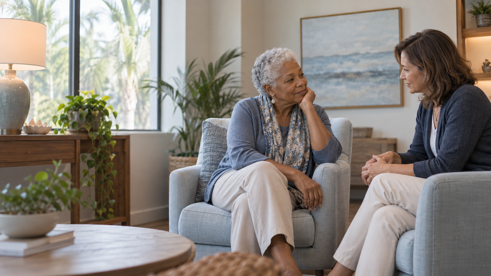 An older adult speaking with a therapist in a calm, private setting